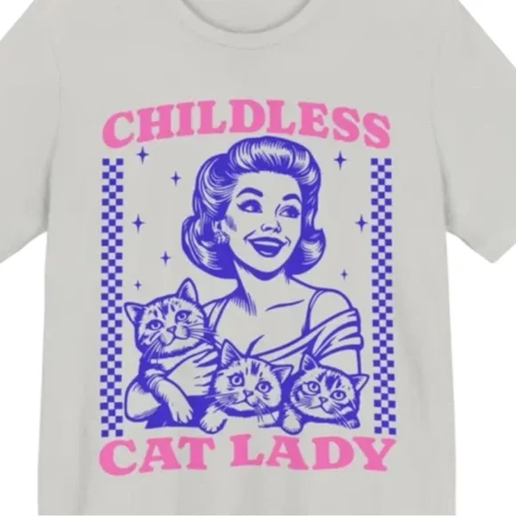 Bella Canvas Cream Childless Cat Lady T-Shirt with Purple and Pink Graphics - Picture 5 of 7